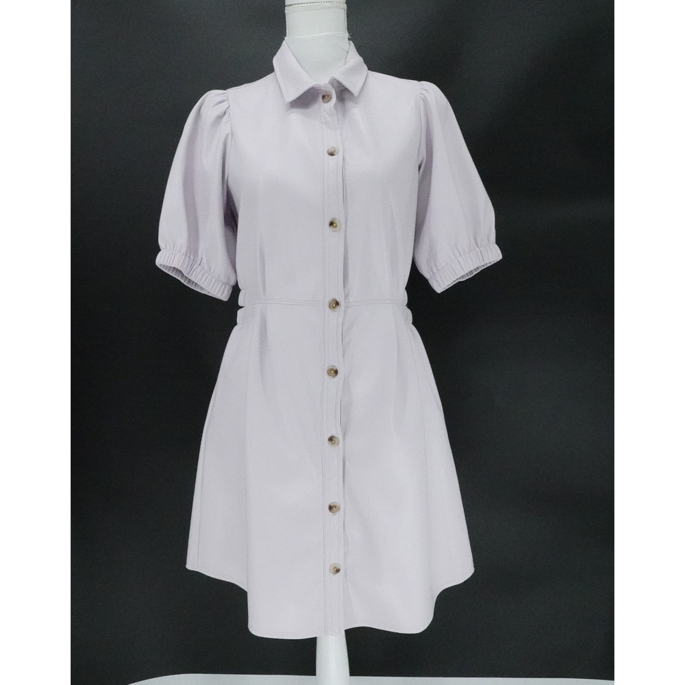 Melisa Nepton Penelope Dress M Lavender Faux Leather Puff Sleeve Button Up‎ Chic